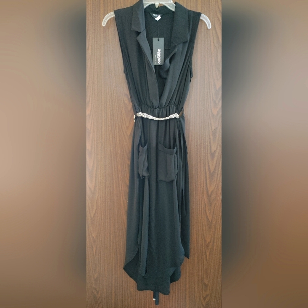 Zeagoo sheer black dress, front pockets 2 belts